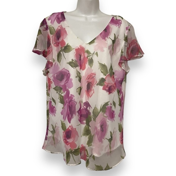 Studio I woman’s vneck white floral short sleeve blouse top plus size - Picture 1 of 9